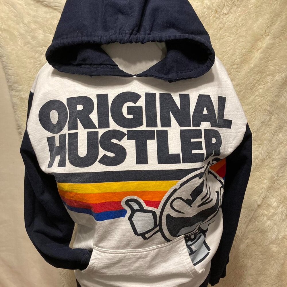 Pac-Man Original Hustler Retro Pullover HOODIE Rainbow stripe PacMan Size Med